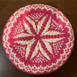 Classic Fair Isle Tam Beanie Multiple Colorways Snowflake/Flower Beret Candy (PINK&OW)