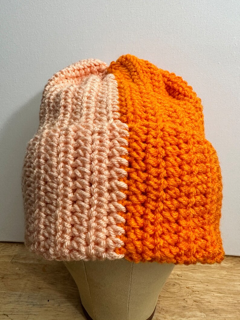 Splitsville Shortie Folded Brim Beanie Two Color Beanie Mutlicolored Beanie Orange Creamsicle