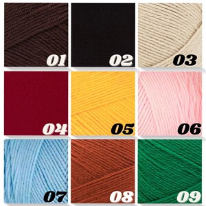 May include: A grid of nine yarn colour samples labelled 01 through 09. Colours include dark brown, black, cream, deep red, bright yellow, light pink, sky blue, terracotta orange, and forest green, each showing the twisted fibre texture.