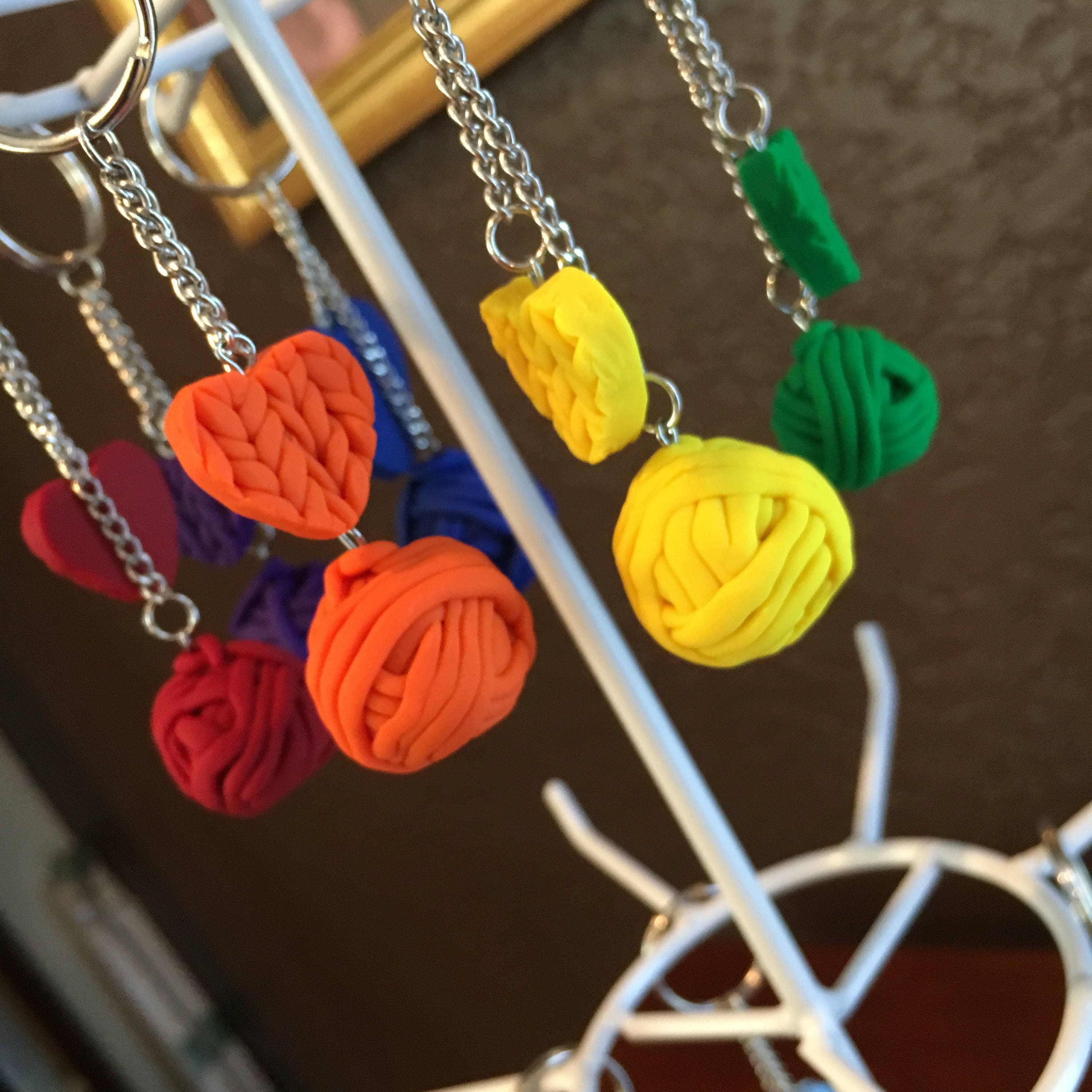 Knit Heart & Yarn Ball Key Chains knitted Polymer Clay knitted Key