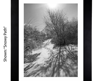 Winter Snow Path Framed Print, Black and White Nature Photography, Snowy Landscape Wall Art, Secret Paradise Decor