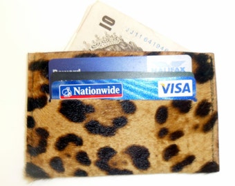 Exotic Leather Card Cash Wallet Holder Handmade with Cowhide Leopard Print Hair On
