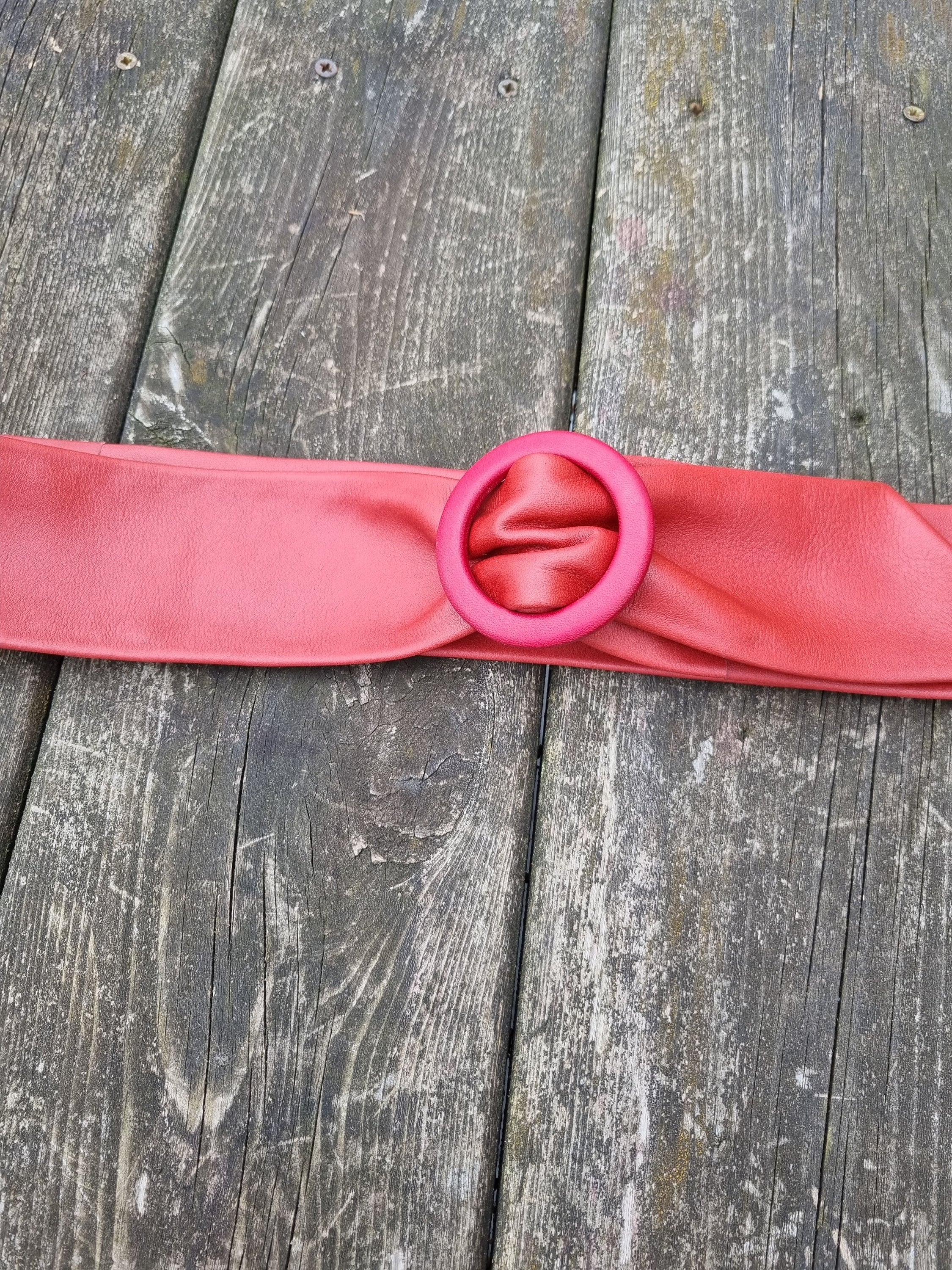 Women Red Leather Belt Waist Cinch Obi 1980s Design Handmade 