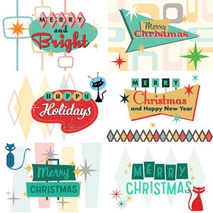Cartes de Noël modernes Mid-Century | Lot de 12 | Rétro | Chat | 4 x 6