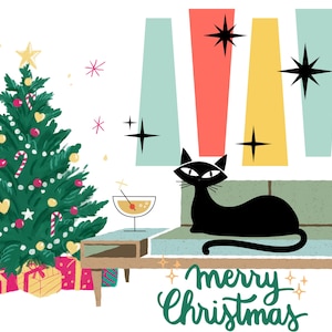 Mid Century Modern Weihnachtskarten Katze
