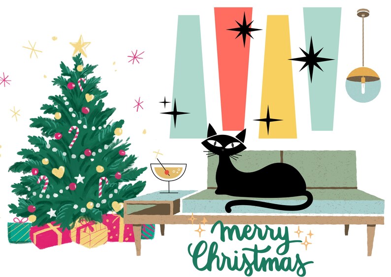 Mid Century Modern Christmas Cards Cat - Etsy