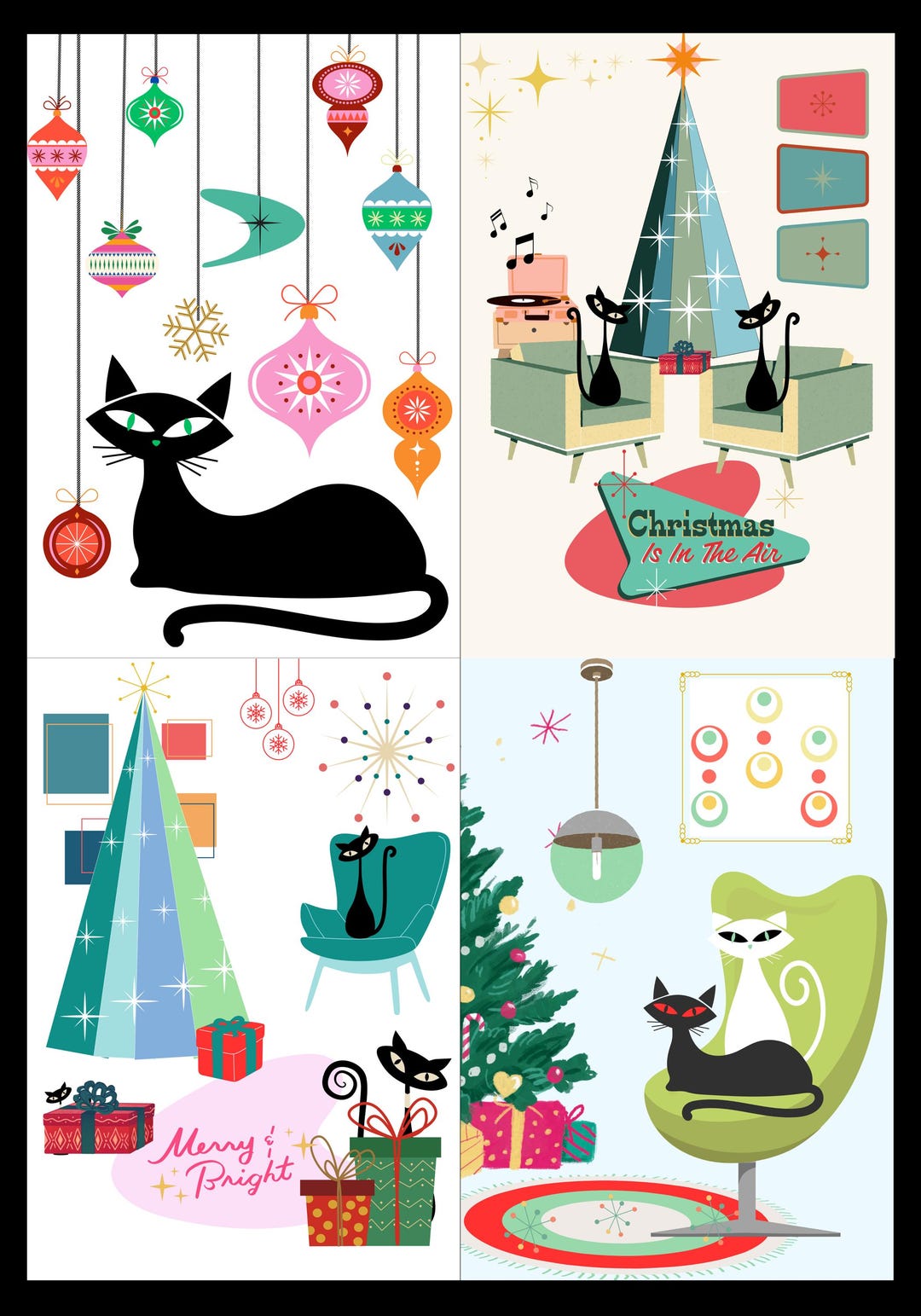 Mid-century Modern Christmas Cards | Set of 8 | Retro | Cat - Etsy