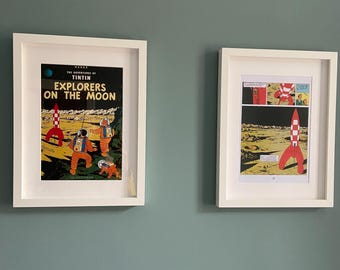 Framed Tintin Comic Magazine Cover & Interior Page Wall Art Set, Explorers on The Moon Kids Bedroom Decor Hergé Collector Gift
