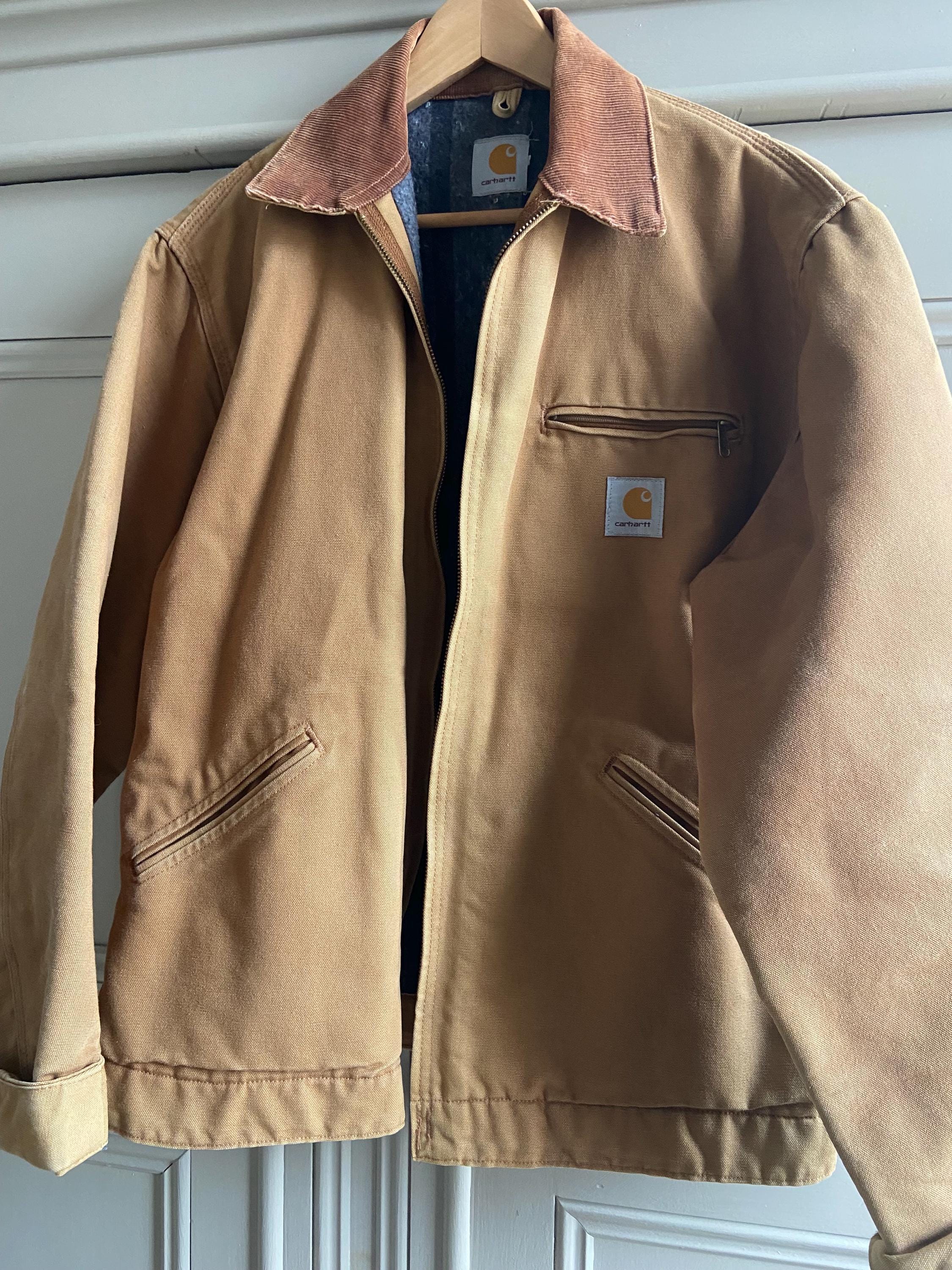 Authentic Carhartt Detroit Jacket USA Made * Tan Duck Canvas Workwear * Blanket Lined Work coat * Corduroy Collar * XL J01 BRN