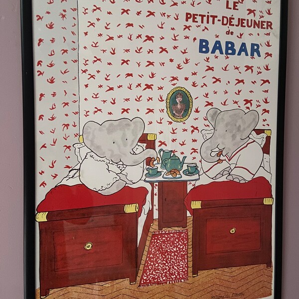 Retro Le Petit Dejeuner de Babar print in frame, 1980s poster in black frame