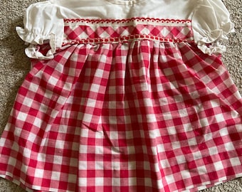 Vintage rode gingham-babyjurk jaren 70: retrostijl, maat: 6 maanden