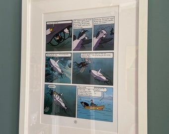 Framed Tintin Comic Magazine Page Wall Art, Lake of Sharks, Kids Bedroom Decor Hergé Collector Gift
