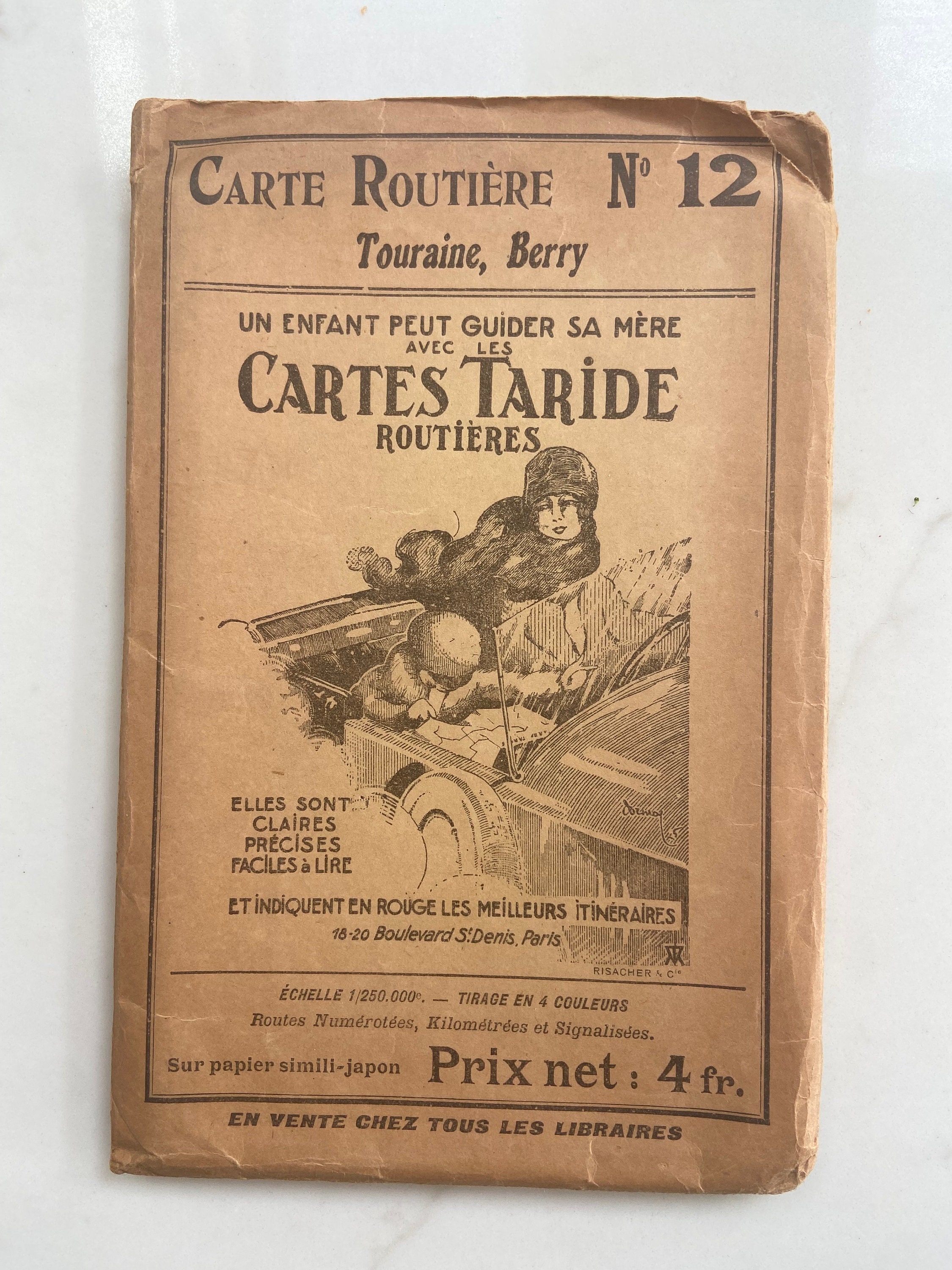 Vintage map of France, Cartes Taride Routieres No 12 map of Touraine, Berry, France. Map wall art. Would look amazing framed.