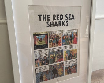 Página de revista enmarcada de Tintín y los tiburones del mar Rojo • Arte mural de cómic vintage • Ilustración clásica de Hergé • Regalo de Tintín • Decoración de dormitorio y estudio