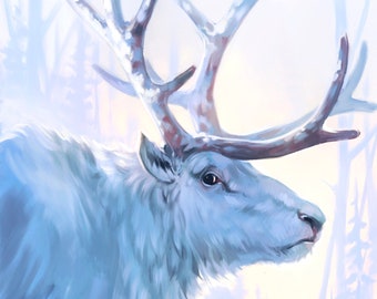 Printable file of white reindeer painting, winter decor art, art for living room, art for holidays, multiple sizes file download