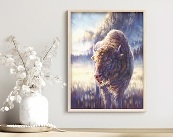 Art print of bison in Yosemite painting, rustic decor, wall art for cabin, wall art for kids room, wall art for living room, matte paper