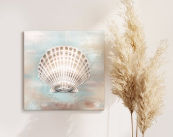 Square wrapped canvas seashell painting print, beach decor, wall art for living room, wall art for bathroom