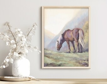 Art print of horse grazing painting, wall art for living room, wall art for kids room, rustic decor, multiple sizes, matte paper