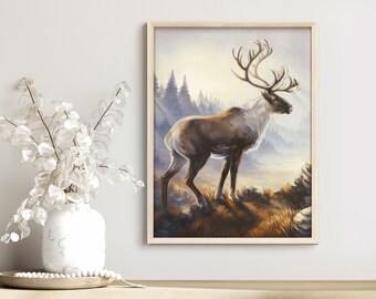 Art print of caribou in mountains painting, rustic decor, wall art for cabin, wall art for kids room, wall art for living room, matte paper