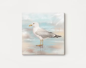 Square wrapped canvas seagull painting print, beach decor, wall art for living room, wall art for bathroom