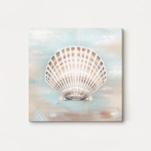 Impresión de pintura de concha marina envuelta en lienzo cuadrado, decoración de playa, arte de pared para sala de estar, arte de pared para baño