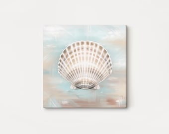 Square wrapped canvas seashell painting print, beach decor, wall art for living room, wall art for bathroom