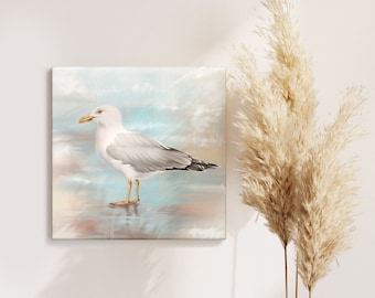 Square wrapped canvas seagull painting print, beach decor, wall art for living room, wall art for bathroom