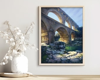 Art print of Pont du Gard painting, French landscape art, architecture art, wall art, office art, multiple sizes, matte paper