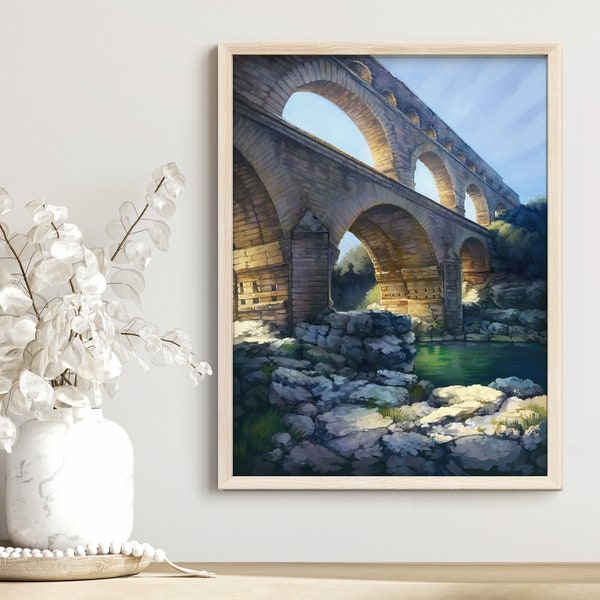 Impression d'art de la peinture du Pont du Gard, art du paysage français, art de l'architecture, art mural, art de bureau, plusieurs tailles, papier mat