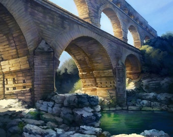 Printable file of Pont du Gard painting, French landscape art, architecture art, living room art, office art,  multiple sizes, file download