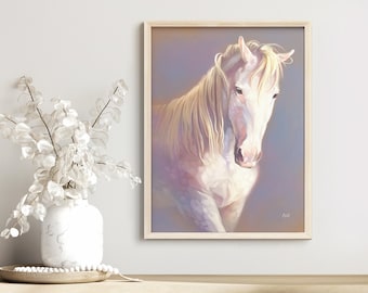 Art print of white horse painting, wall art for living room, wall art for entryway, wall art for girl's room, multiple sizes, matte paper