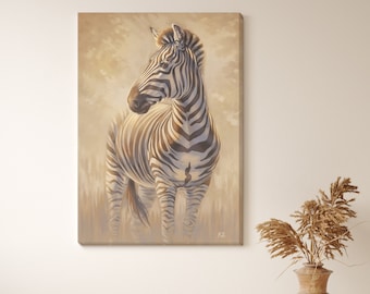 Canvas print of zebra in savannah painting, African decor, living room art, kids room art, multiple sizes