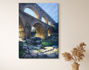 Canvas print of Pont du Gard painting, French landscape art, architecture art, living room art, office art, canvas wall art, multiple size