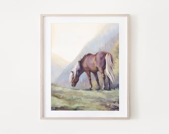 Horse Grazing Art Print: Colorful Equestrian Wall Decor