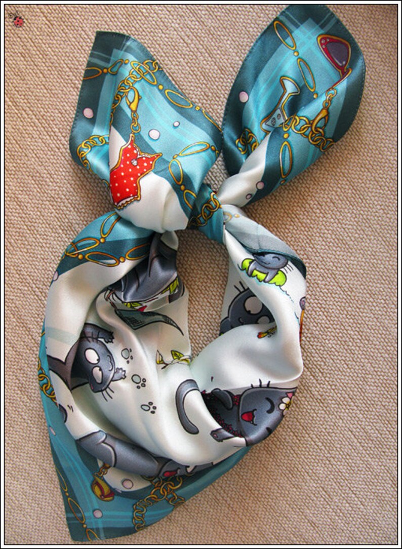 Printed Silk Scarf cats on Vacation in Light Blue. Unique Design and Limited Edition. Etsy