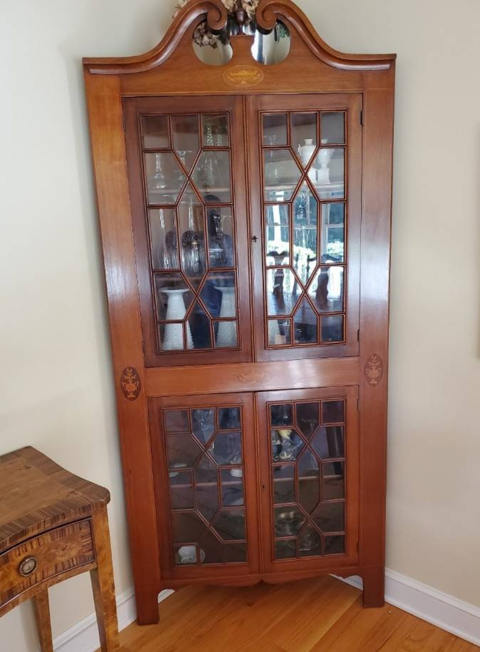 Antique corner china solid cherry inlaid wood Etsy