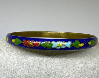 ヴィンテージ中国製ダークブルーホワイト七宝焼き花バングル