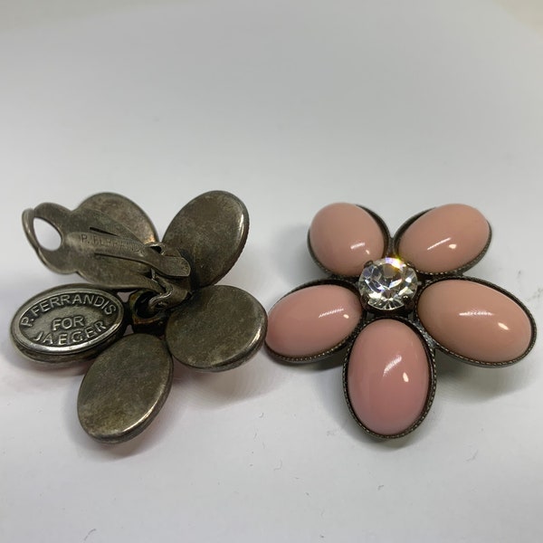 P. Ferrandis for Jaeger Stunning Retro Rhinestone Pink Flower Large Clip on Earrings | Vintage Jewellery