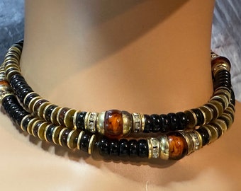 NEW! Vintage Honey and Black Glass, Gold Metal Discs Bead Necklace