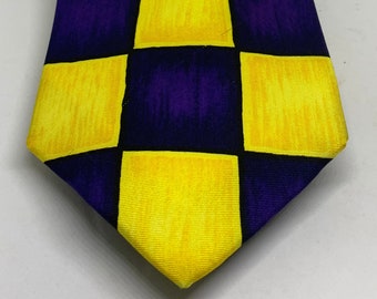 Woods & Gray Pure Silk Necktie | Vintage Purple Yellow Checkered Necktie | Geometric Design Silk Tie | Made in Korea