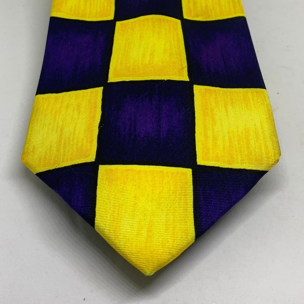 Woods & Gray Pure Silk Necktie | Vintage Purple Yellow Checkered Necktie | Geometric Design Silk Tie | Made in Korea