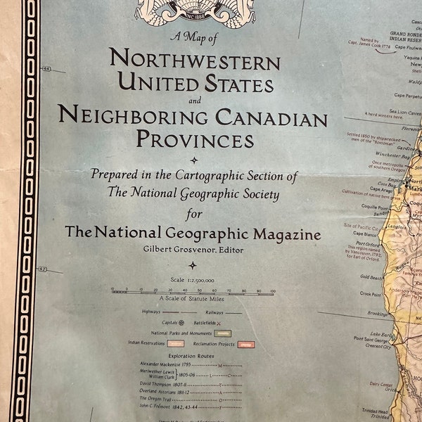 NEW! Map of Northwestern United States and Neighboring Canadian Provinces | Copyright 1941 by The National Geographic Society Washington DC
