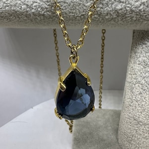 Sphinx Vintage Large Blue Teardrop Glass Pendant on Gold Chain