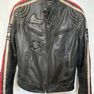 Heeli Mens Fitted Leather Biker Racer Jacket Size UK Small  | Vintage Maroon Genuine Leather Jacket