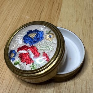 Vintage Round Metal Pill Box | Embroidered Flowers on Lid Design | Collectible Box