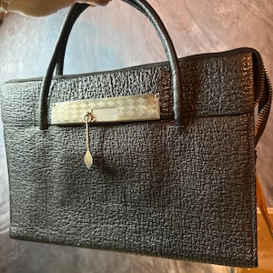 Antique Black Real Leather Handbag with Silver Detailed Clasp and Double Top Handle | Made in England