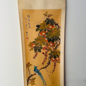 Dipinto giapponese (cinese) d'epoca su carta pergamena Uccello in natura Fiori / Firmato e sigillato / Arte orientale / Da collezione