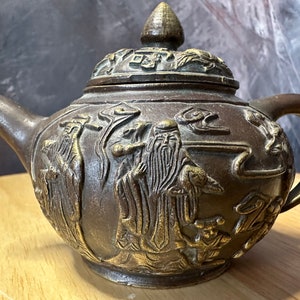 Vintage Bronze Marked Chinese People Design Teapot | Vintage Small Oriental Metal Teapot