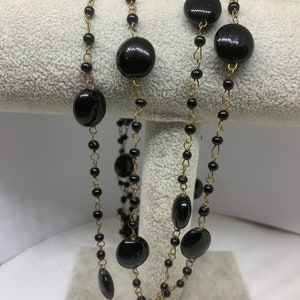 Vintage Jet Black Glass Long Strand Necklace