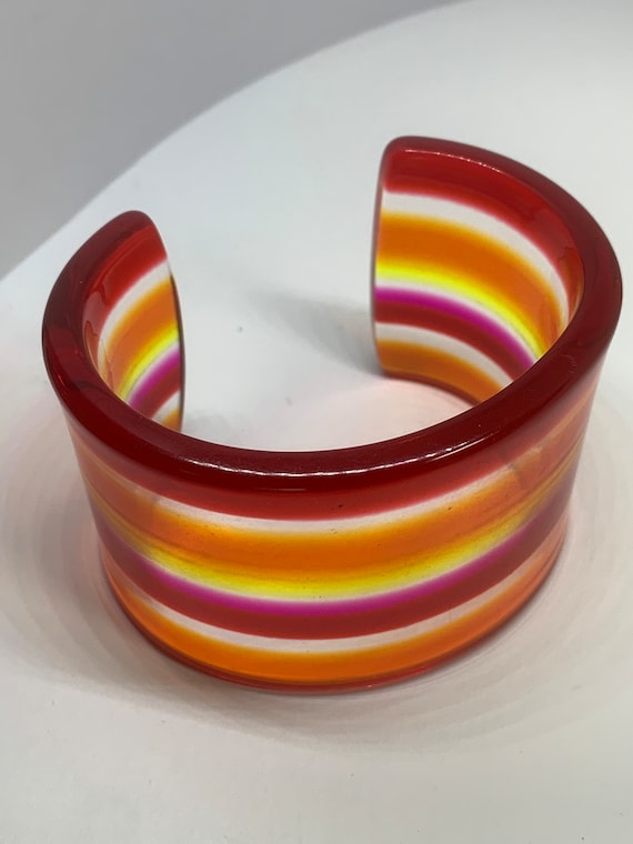 Vintage Clear Resin Red & Yellow Stripes Bracelet Chunky 